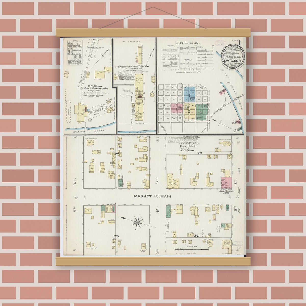 Old map wall art mockup — magnetic wood frame on brick wall — Sanborn Fire Insurance Map from Mount Carmel, Wabash County, Illinois (1886), Sheet #0001