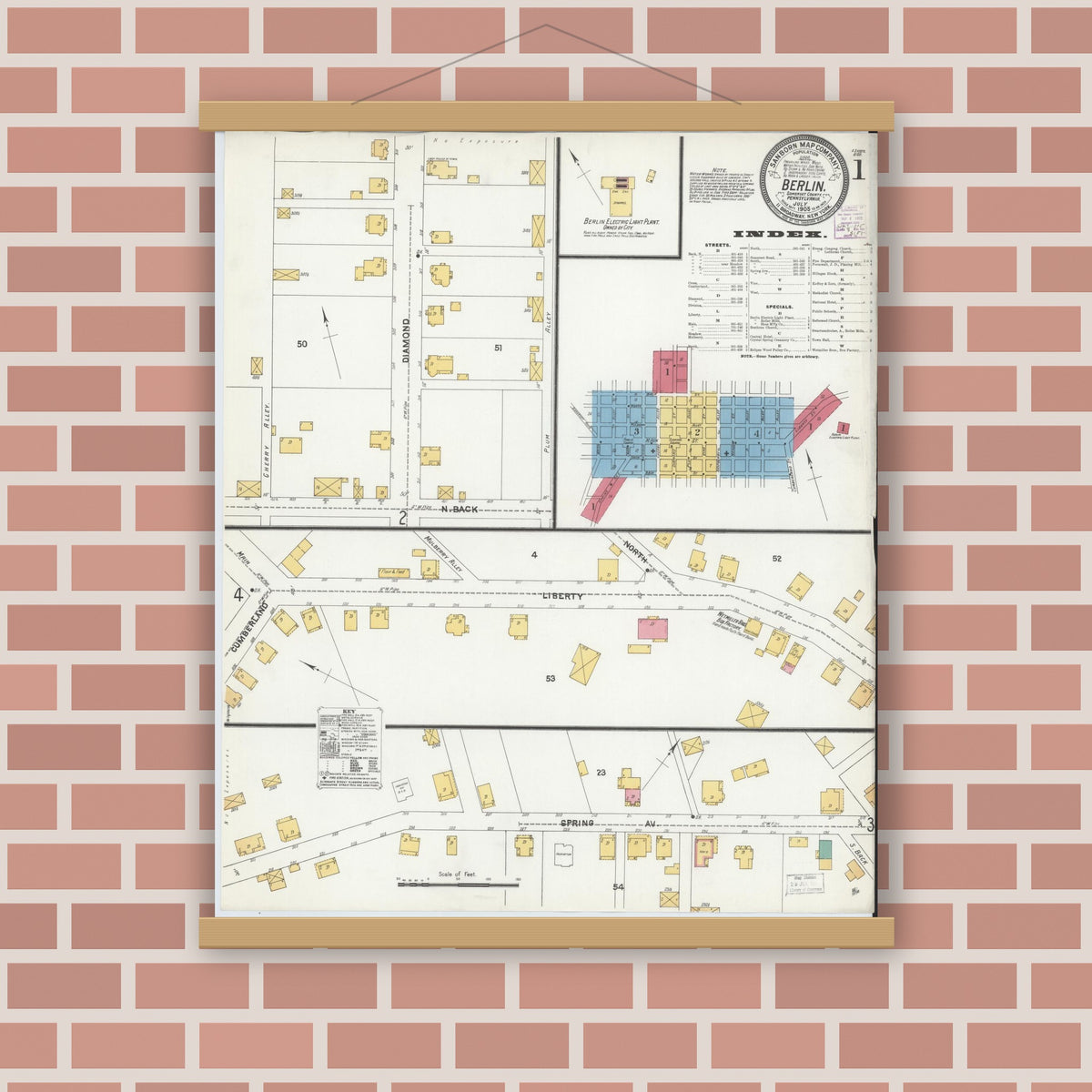 Old map wall art mockup — magnetic wood frame on brick wall — Sanborn Fire Insurance Map from Berlin, Somerset County, Pennsylvania (1905) - Complete Map Set