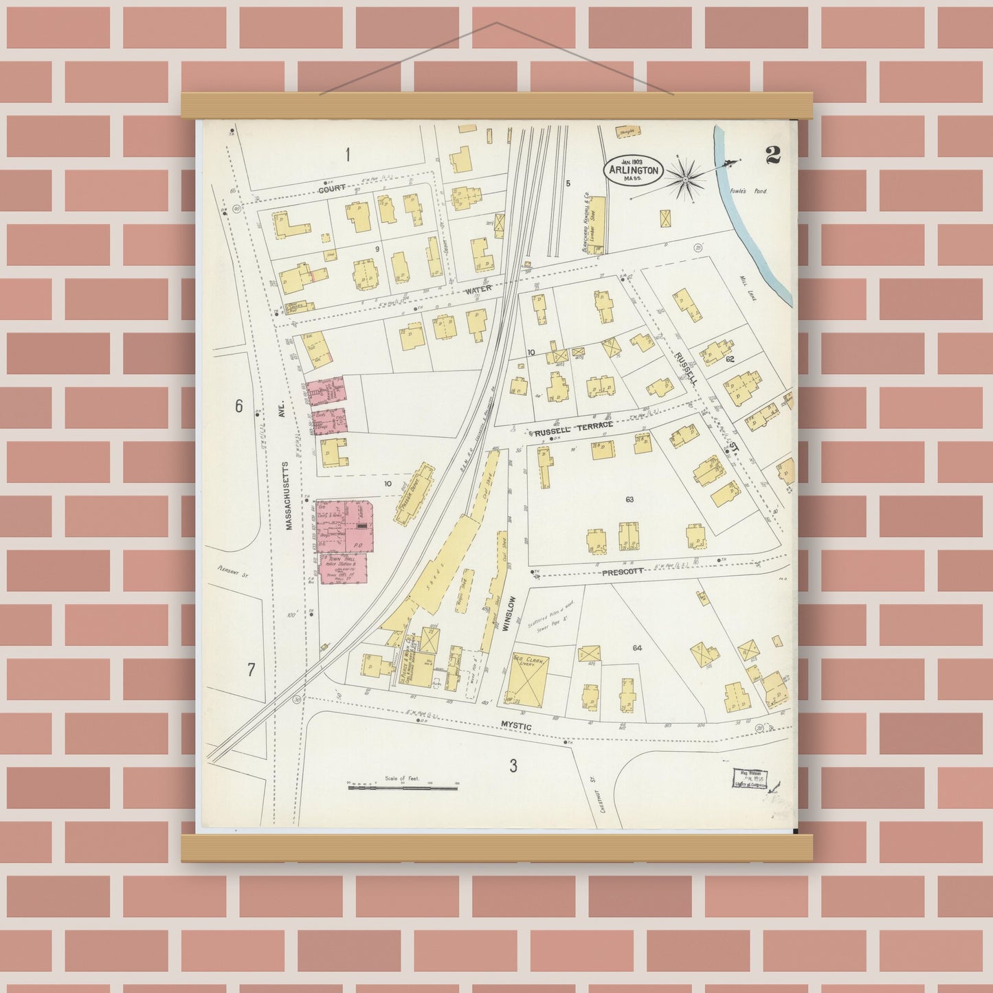 Old map wall art mockup — magnetic wood frame on brick wall — Sanborn Fire Insurance Map from Arlington, Middlesex County, Massachusetts (1903), Sheet #0002