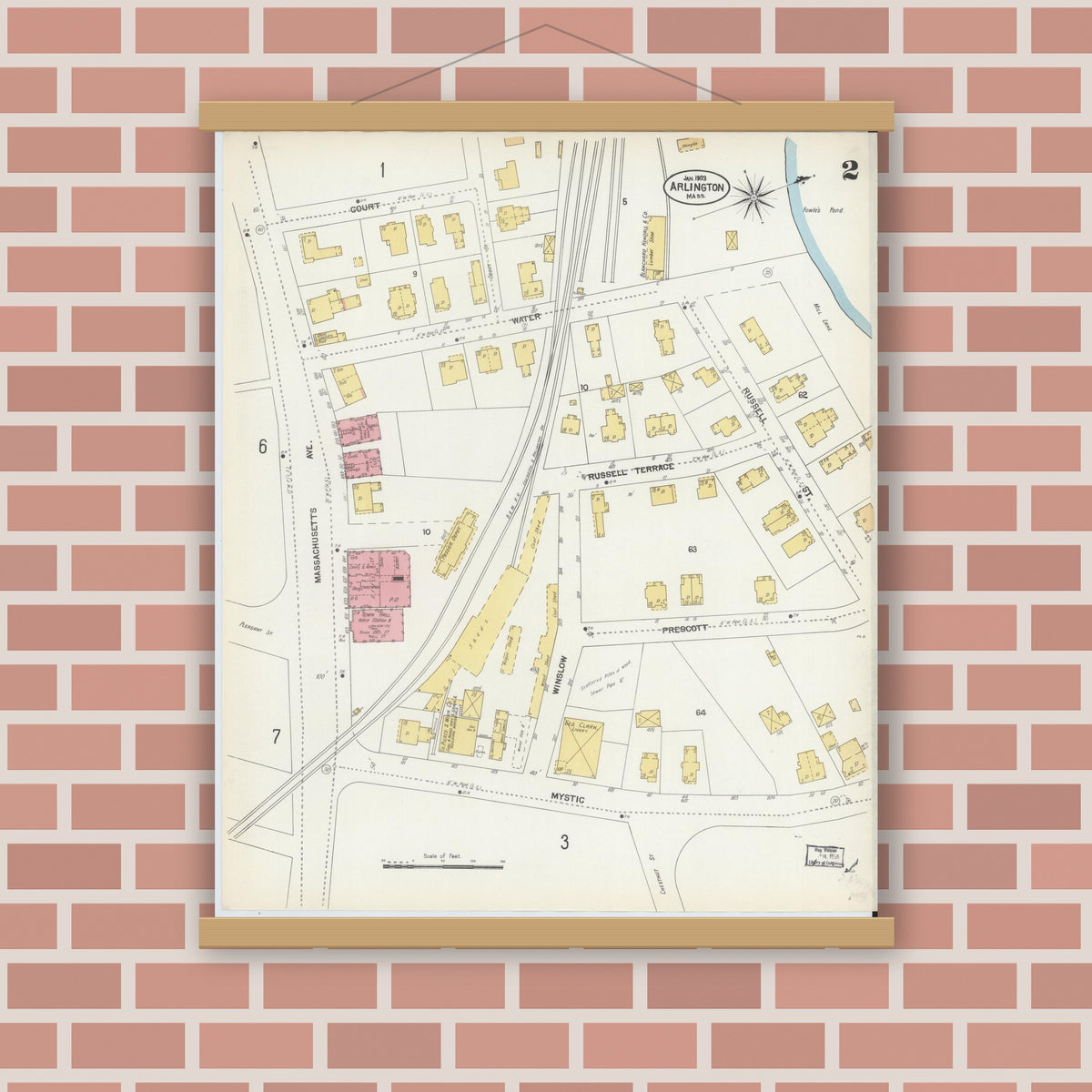 Old map wall art mockup — magnetic wood frame on brick wall — Sanborn Fire Insurance Map from Arlington, Middlesex County, Massachusetts (1903), Sheet #0002