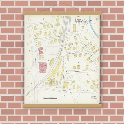 Old map wall art mockup — magnetic wood frame on brick wall — Sanborn Fire Insurance Map from Arlington, Middlesex County, Massachusetts (1903), Sheet #0002