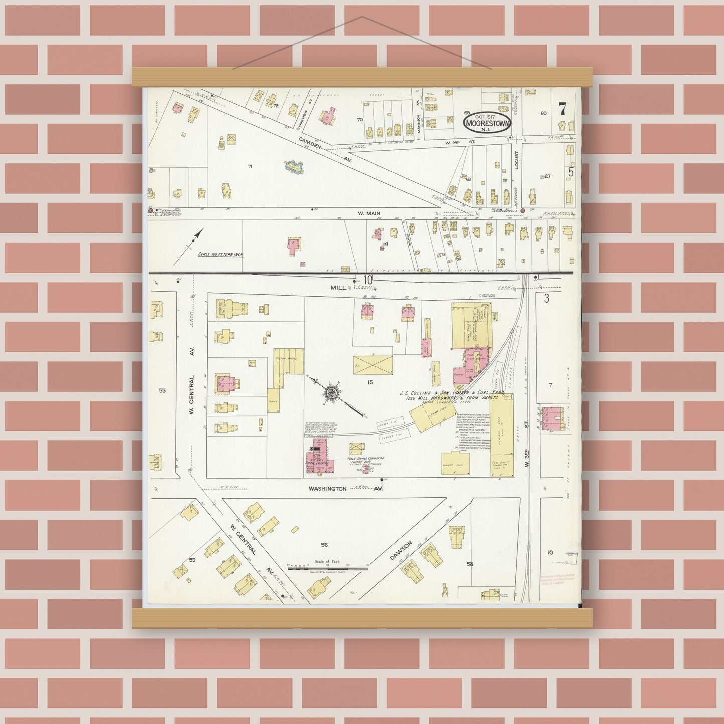 Old map wall art mockup — magnetic wood frame on brick wall — Sanborn Fire Insurance Map from Moorestown, Burlington County, New Jersey (1917), Sheet #0007