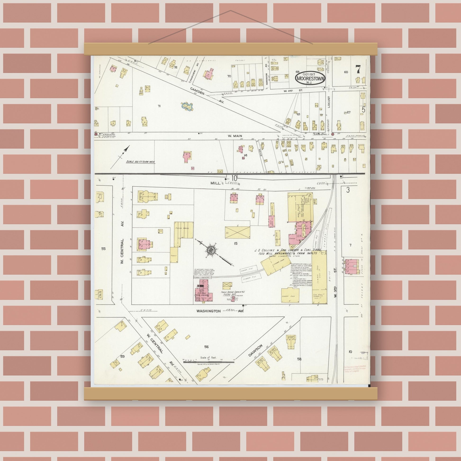 Old map wall art mockup — magnetic wood frame on brick wall — Sanborn Fire Insurance Map from Moorestown, Burlington County, New Jersey (1917), Sheet #0007