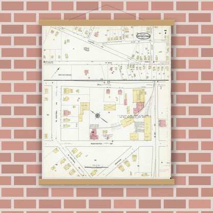 Old map wall art mockup — magnetic wood frame on brick wall — Sanborn Fire Insurance Map from Moorestown, Burlington County, New Jersey (1917), Sheet #0007