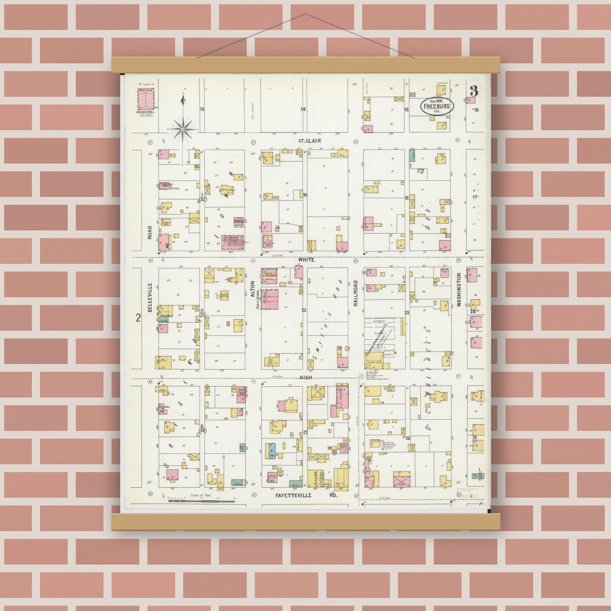 Old map wall art mockup — magnetic wood frame on brick wall — Sanborn Fire Insurance Map from Freeburg, Saint Clair County, Illinois (1900), Sheet #0003