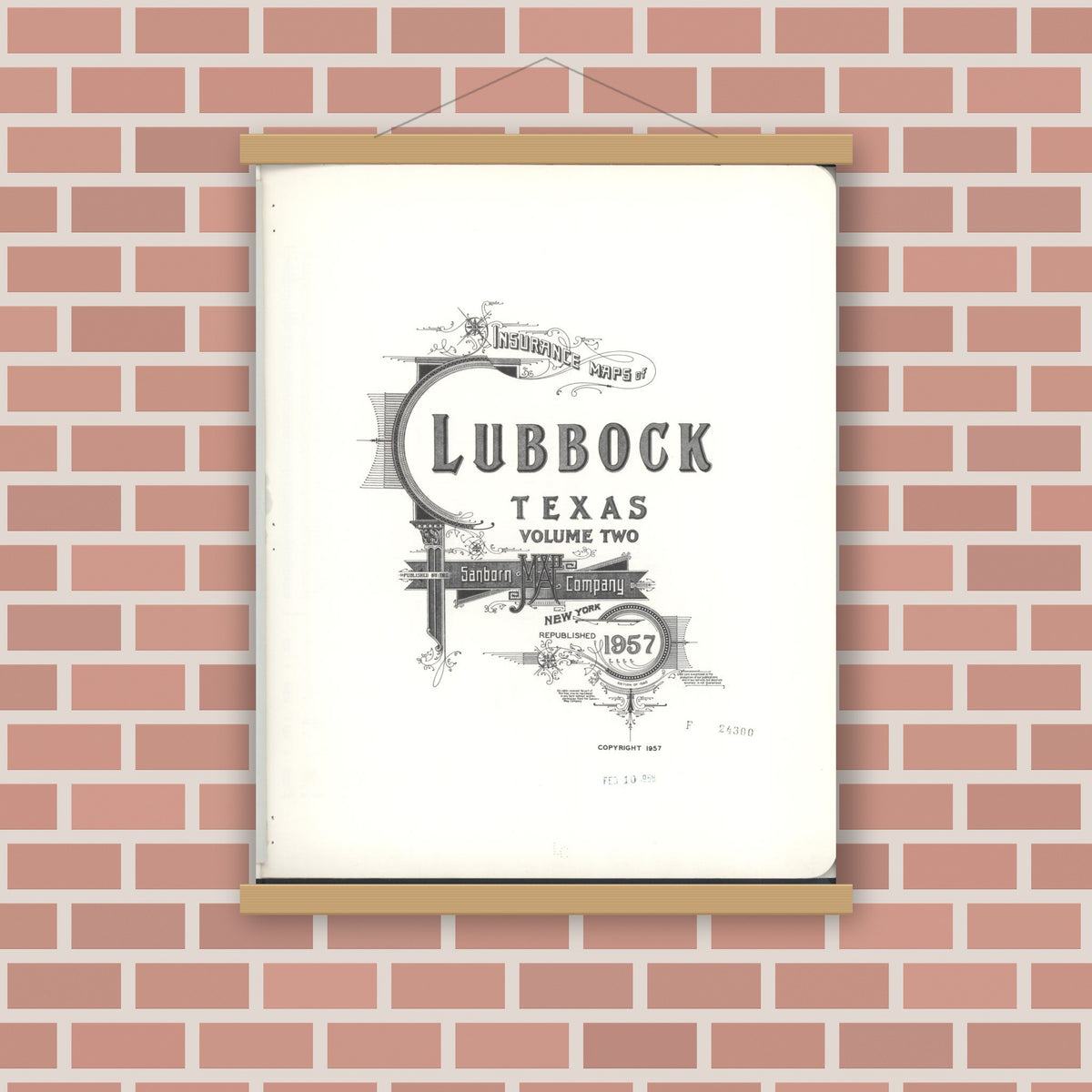 Old map wall art mockup — magnetic wood frame on brick wall — Sanborn Fire Insurance Map from Lubbock, Lubbock County, Texas (1957), Sheet #0001