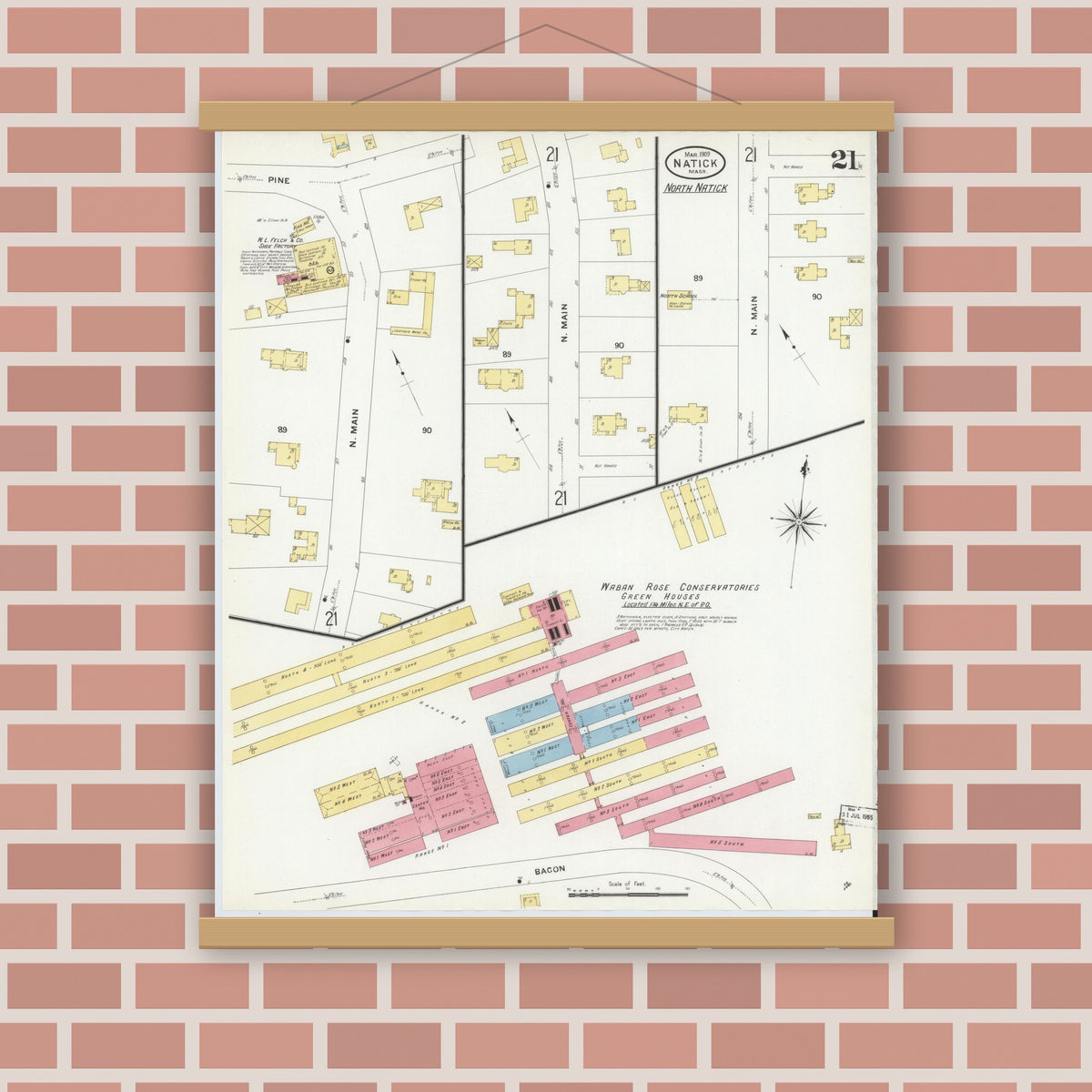 Old map wall art mockup — magnetic wood frame on brick wall — Sanborn Fire Insurance Map from Natick, Middlesex County, Massachusetts (1909), Sheet #0021