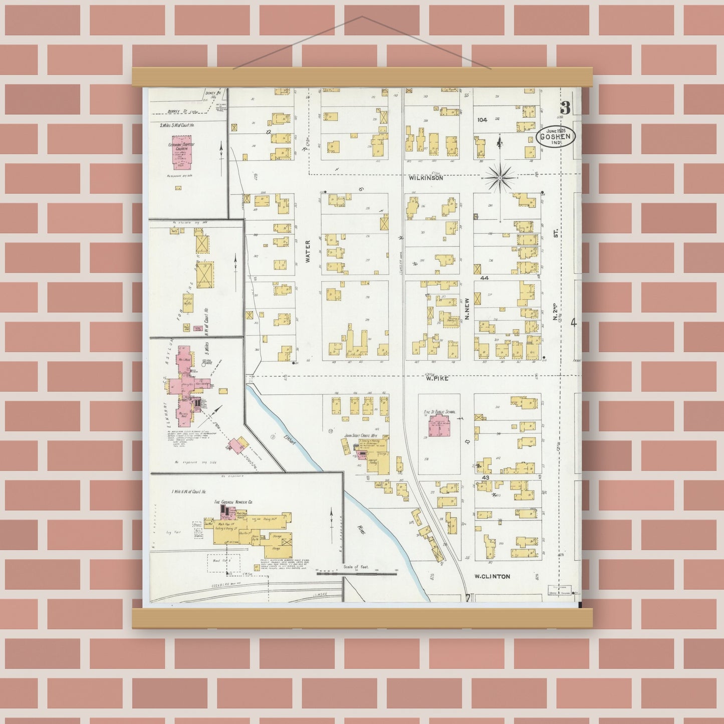 Old map wall art mockup — magnetic wood frame on brick wall — Sanborn Fire Insurance Map from Goshen, Elkhart County, Indiana (1905), Sheet #0003