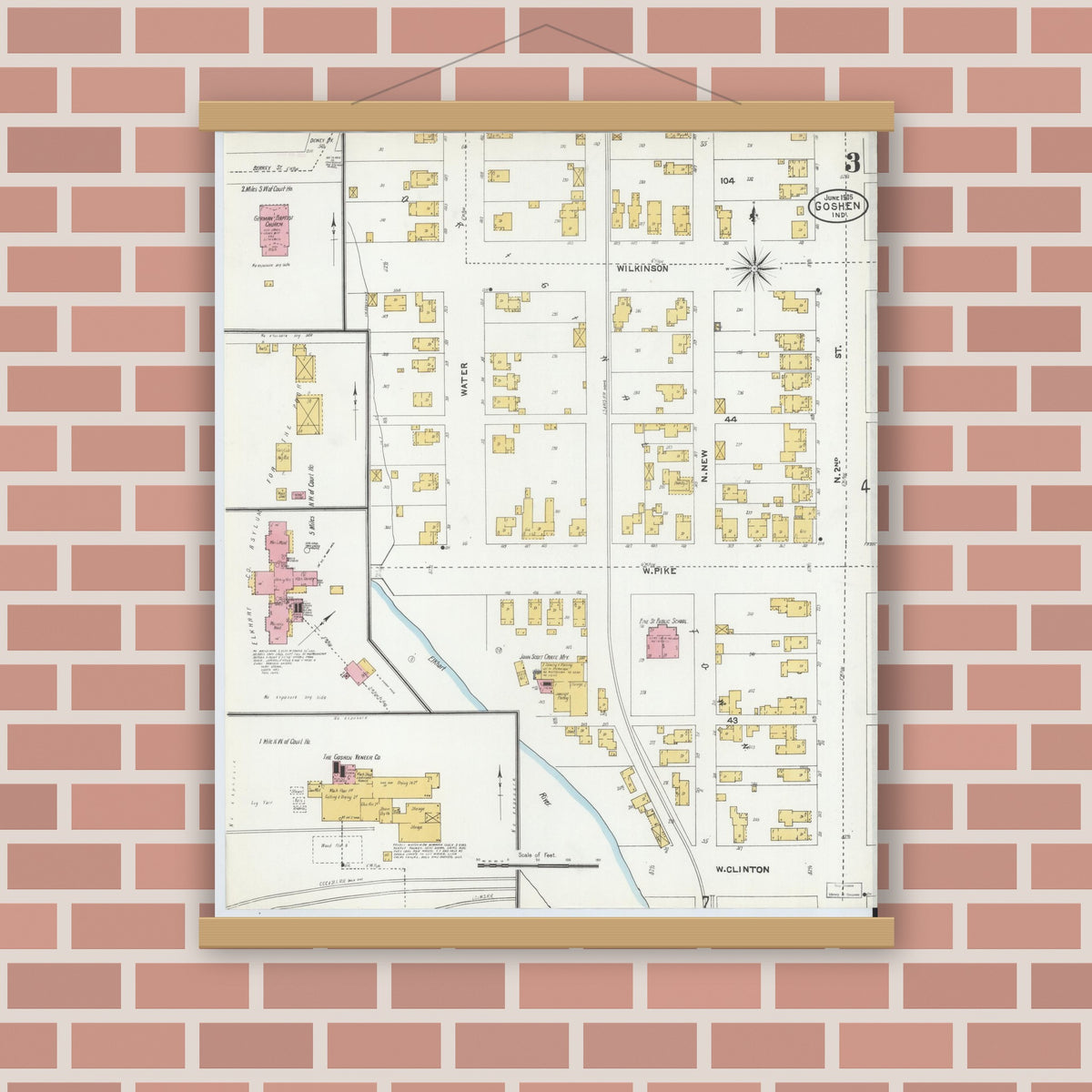 Old map wall art mockup — magnetic wood frame on brick wall — Sanborn Fire Insurance Map from Goshen, Elkhart County, Indiana (1905), Sheet #0003
