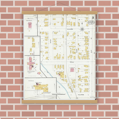 Old map wall art mockup — magnetic wood frame on brick wall — Sanborn Fire Insurance Map from Goshen, Elkhart County, Indiana (1905), Sheet #0003