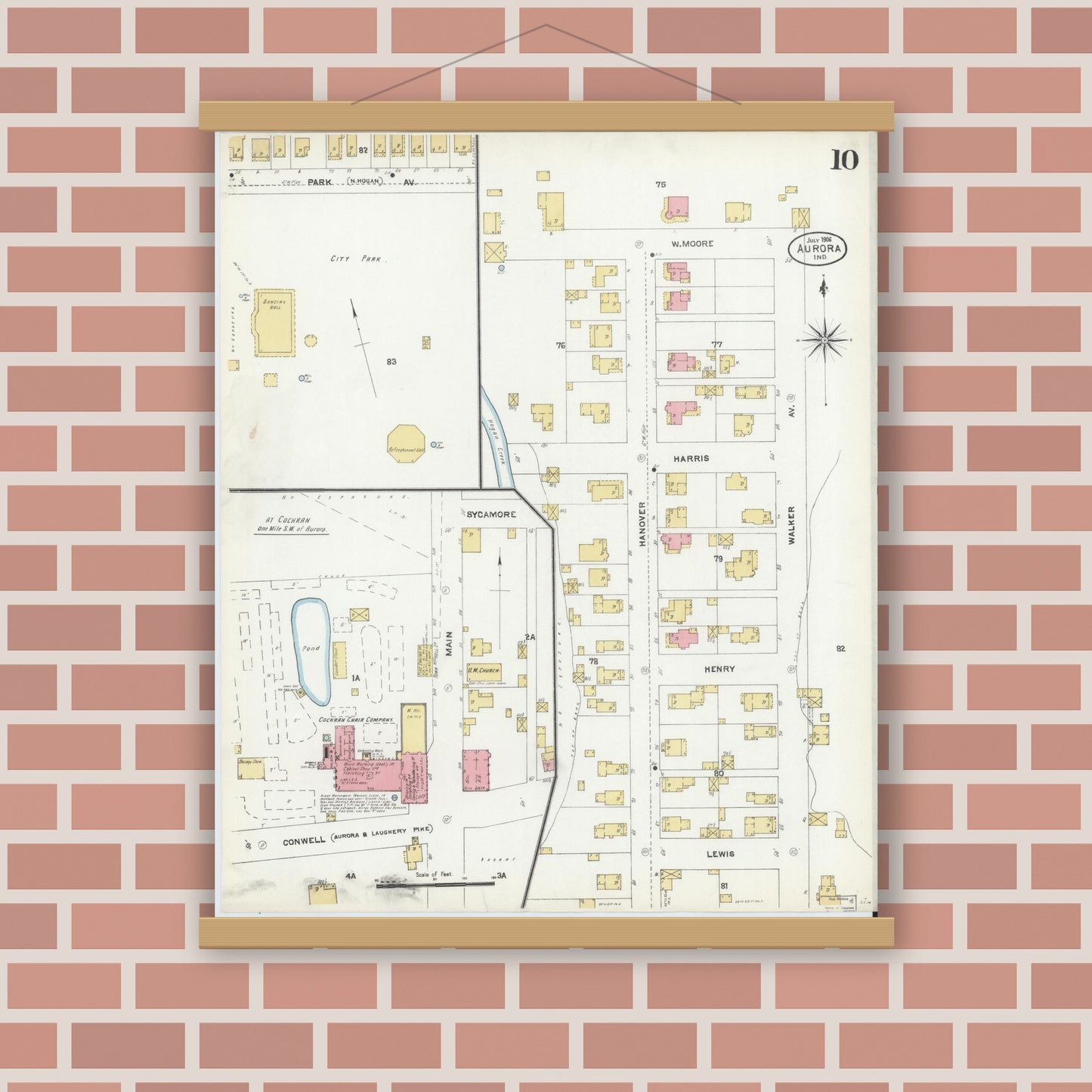 Old map wall art mockup — magnetic wood frame on brick wall — Sanborn Fire Insurance Map from Aurora, Dearborn County, Indiana (1906), Sheet #0010