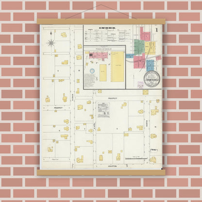 Old map wall art mockup — magnetic wood frame on brick wall — Sanborn Fire Insurance Map from Farmersville, Collin County, Texas (1902), Sheet #0001