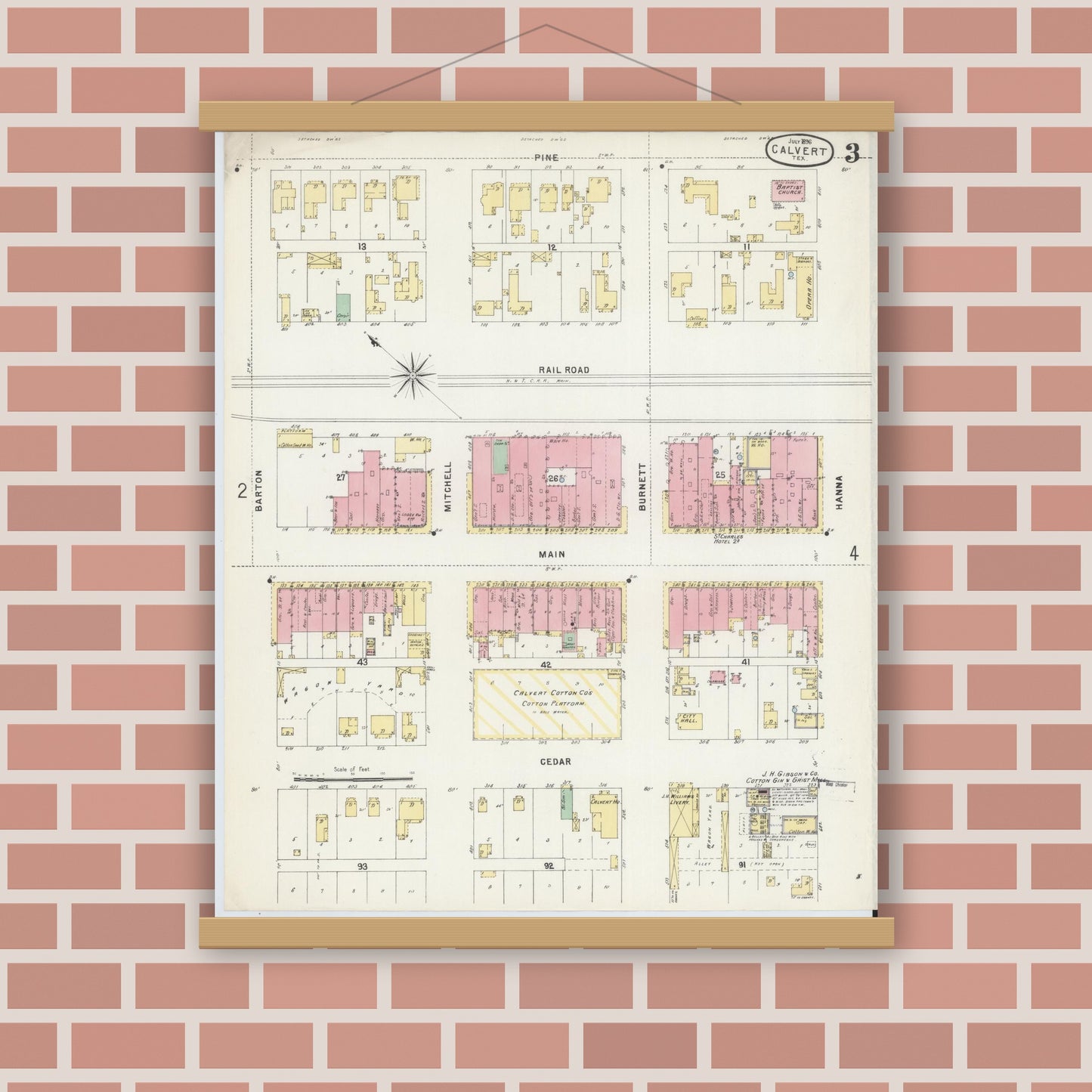 Old map wall art mockup — magnetic wood frame on brick wall — Sanborn Fire Insurance Map from Calvert, Robertson County, Texas (1896), Sheet #0003