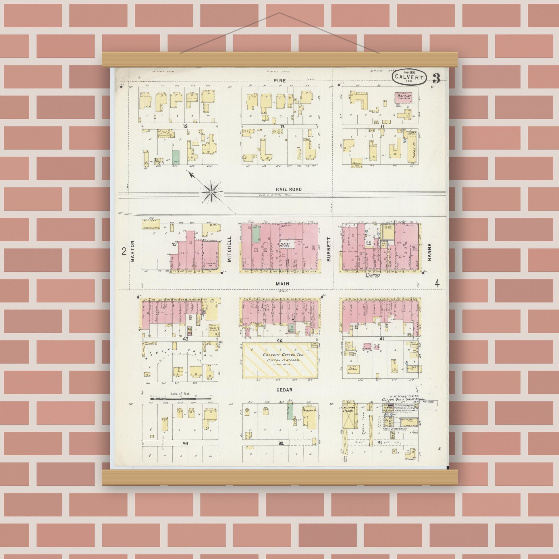 Old map wall art mockup — magnetic wood frame on brick wall — Sanborn Fire Insurance Map from Calvert, Robertson County, Texas (1896), Sheet #0003