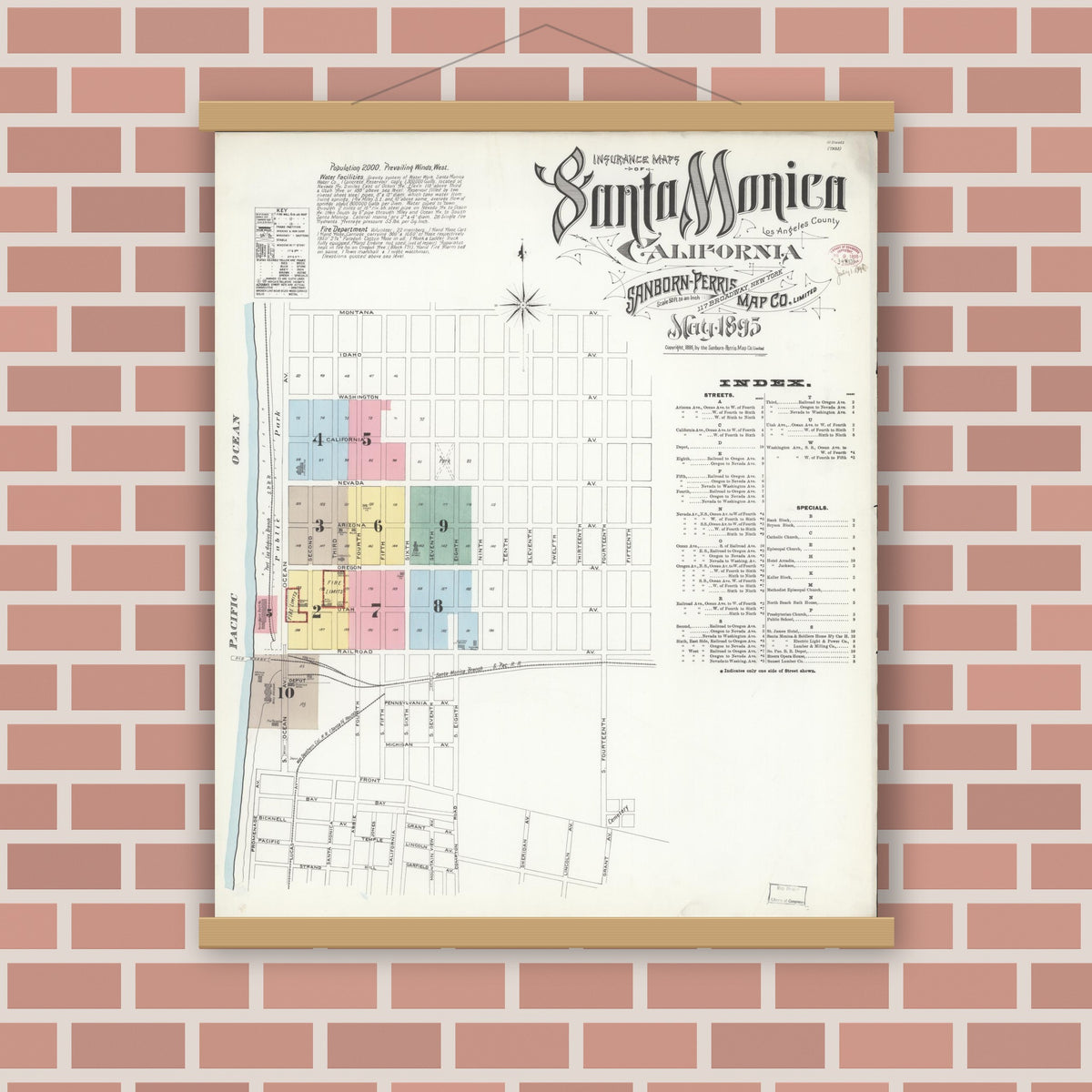 Old map wall art mockup — magnetic wood frame on brick wall — Sanborn Fire Insurance Map from Santa Monica, Los Angeles County, California (1895) - Complete Map Set