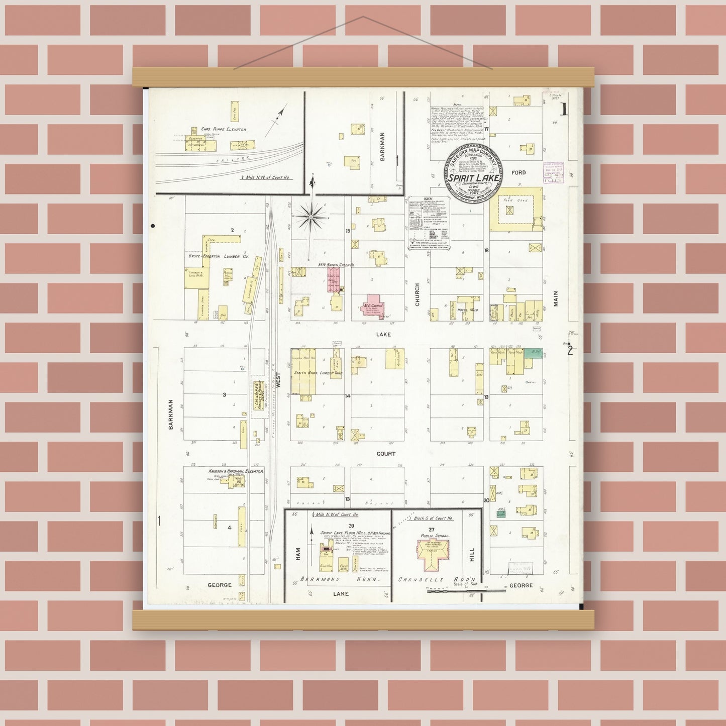 Old map wall art mockup — magnetic wood frame on brick wall — Sanborn Fire Insurance Map from Spirit Lake, Dickinson County, Iowa (1907), Sheet #0001