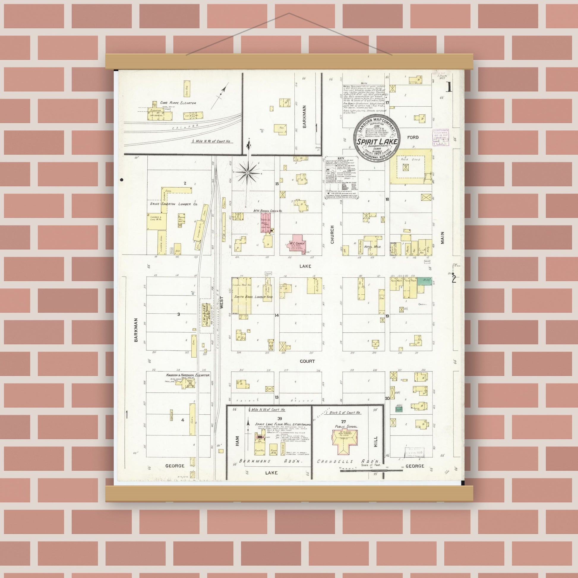 Old map wall art mockup — magnetic wood frame on brick wall — Sanborn Fire Insurance Map from Spirit Lake, Dickinson County, Iowa (1907), Sheet #0001