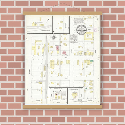 Old map wall art mockup — magnetic wood frame on brick wall — Sanborn Fire Insurance Map from Spirit Lake, Dickinson County, Iowa (1907), Sheet #0001