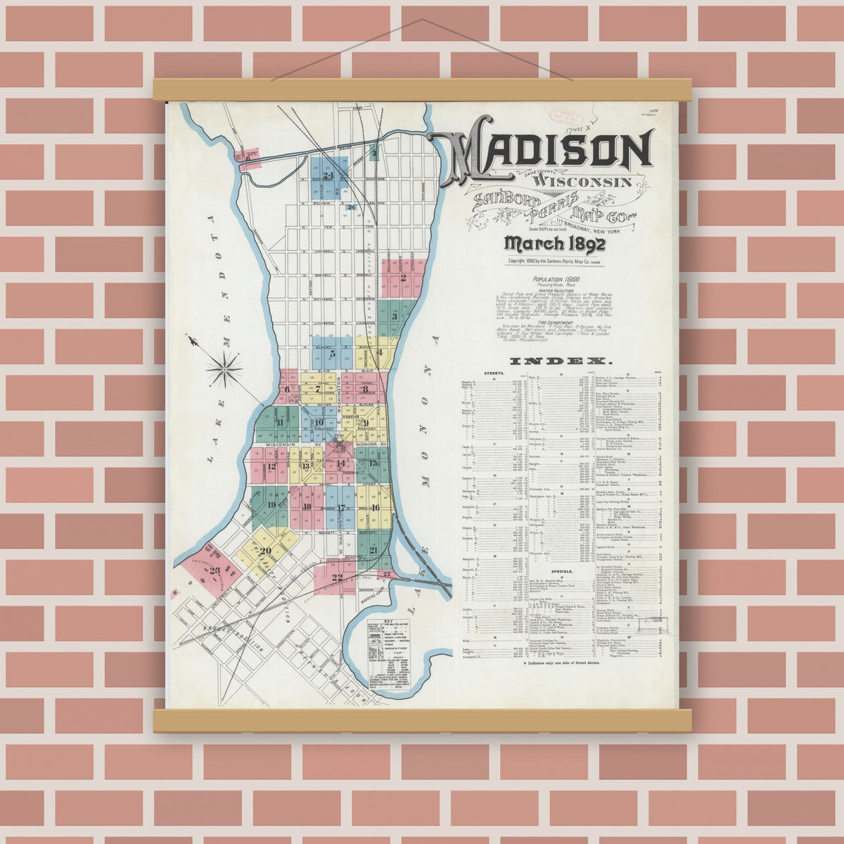 Old map wall art mockup — magnetic wood frame on brick wall — Sanborn Fire Insurance Map from Madison, Dane County, Wisconsin (1892) - Complete Map Set