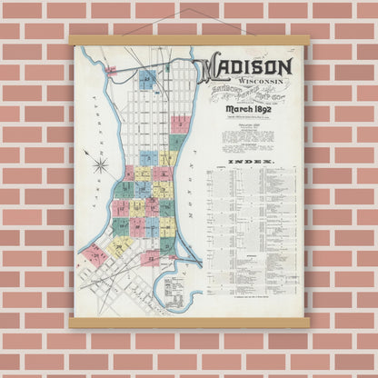 Old map wall art mockup — magnetic wood frame on brick wall — Sanborn Fire Insurance Map from Madison, Dane County, Wisconsin (1892) - Complete Map Set