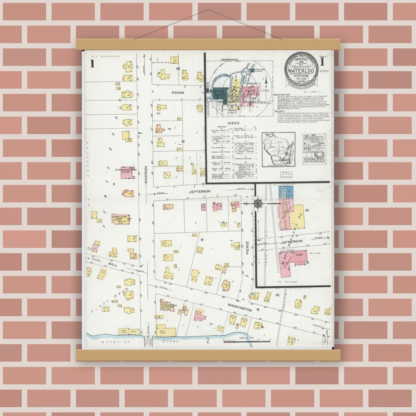 Old map wall art mockup — magnetic wood frame on brick wall — Sanborn Fire Insurance Map from Waterloo, Jefferson County, Wisconsin (1924), Sheet #0001