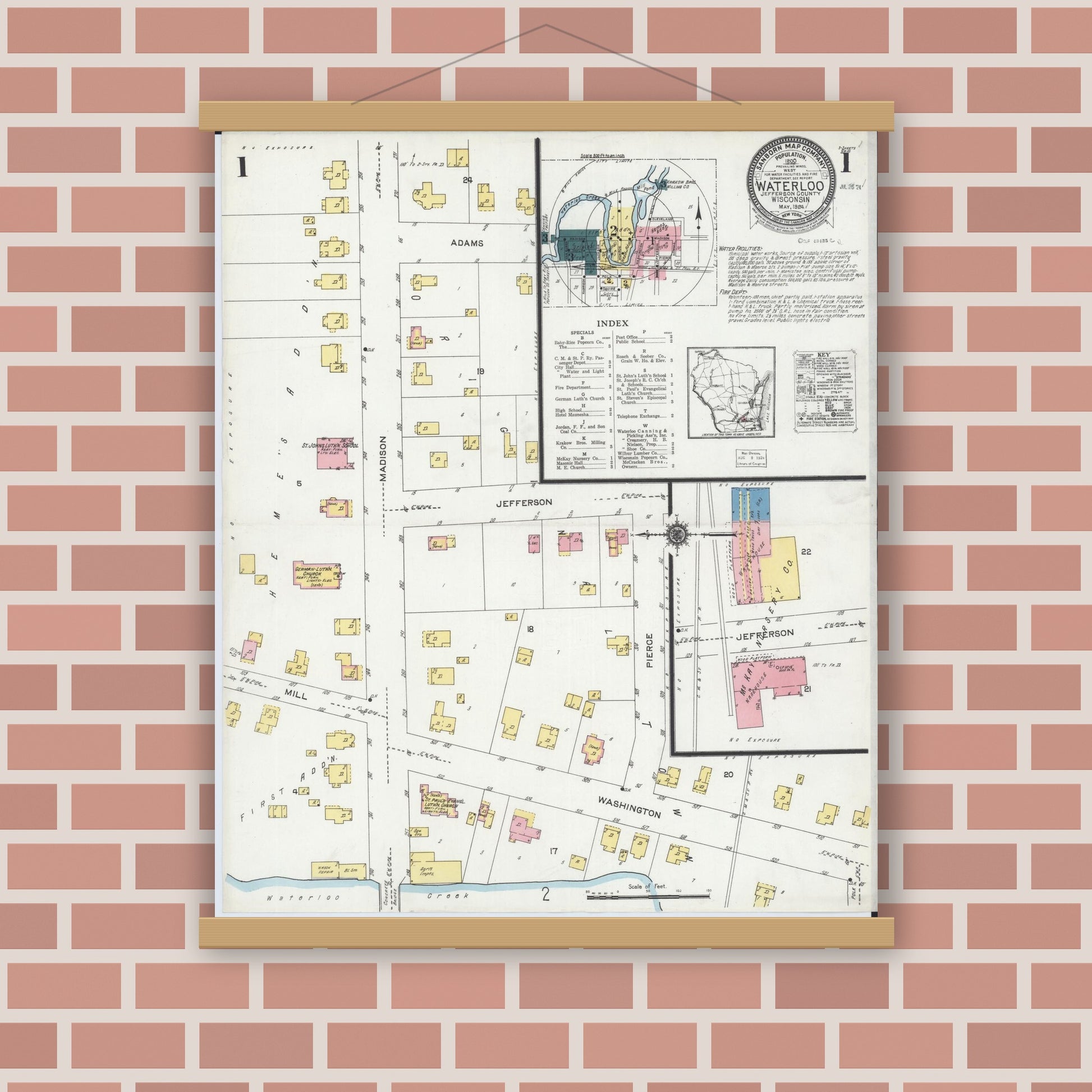 Old map wall art mockup — magnetic wood frame on brick wall — Sanborn Fire Insurance Map from Waterloo, Jefferson County, Wisconsin (1924), Sheet #0001