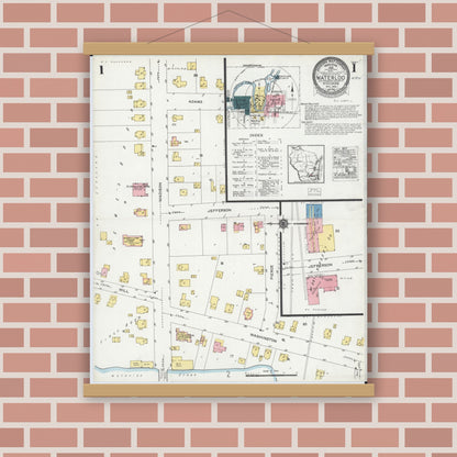 Old map wall art mockup — magnetic wood frame on brick wall — Sanborn Fire Insurance Map from Waterloo, Jefferson County, Wisconsin (1924), Sheet #0001