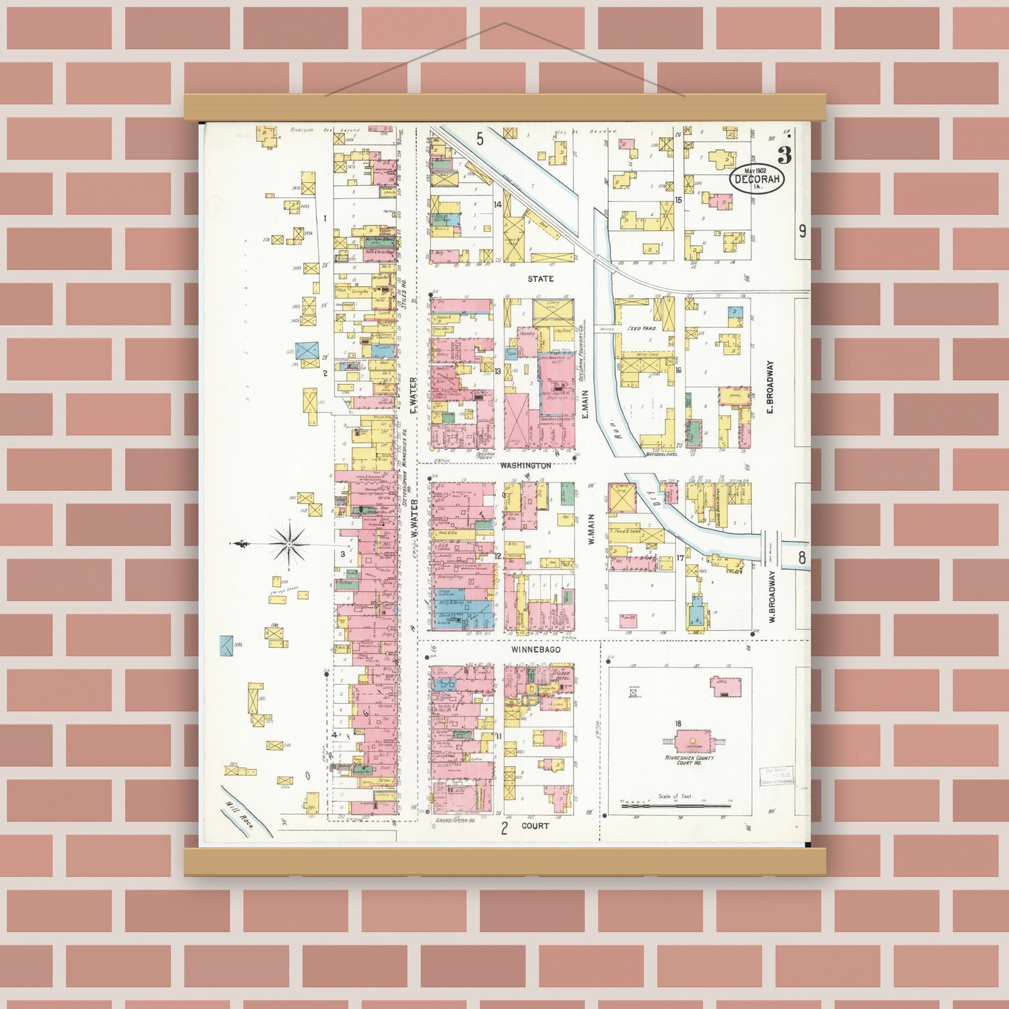 Old map wall art mockup — magnetic wood frame on brick wall — Sanborn Fire Insurance Map from Decorah, Winneshiek County, Iowa (1902), Sheet #0003
