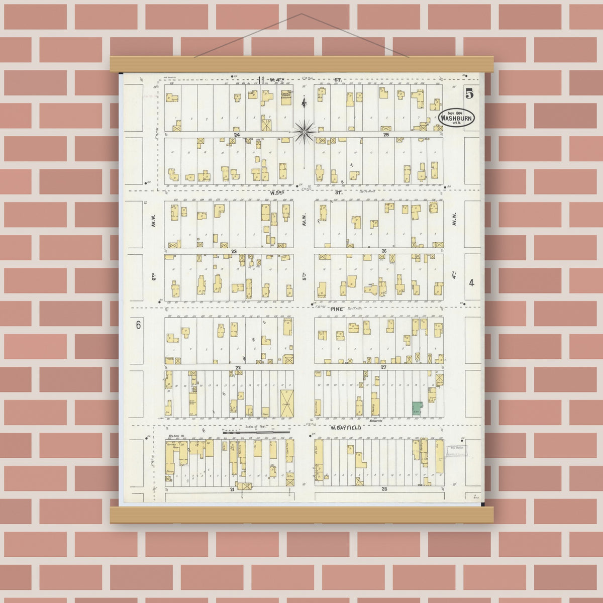 Old map wall art mockup — magnetic wood frame on brick wall — Sanborn Fire Insurance Map from Washburn, Bayfield County, Wisconsin (1904), Sheet #0005