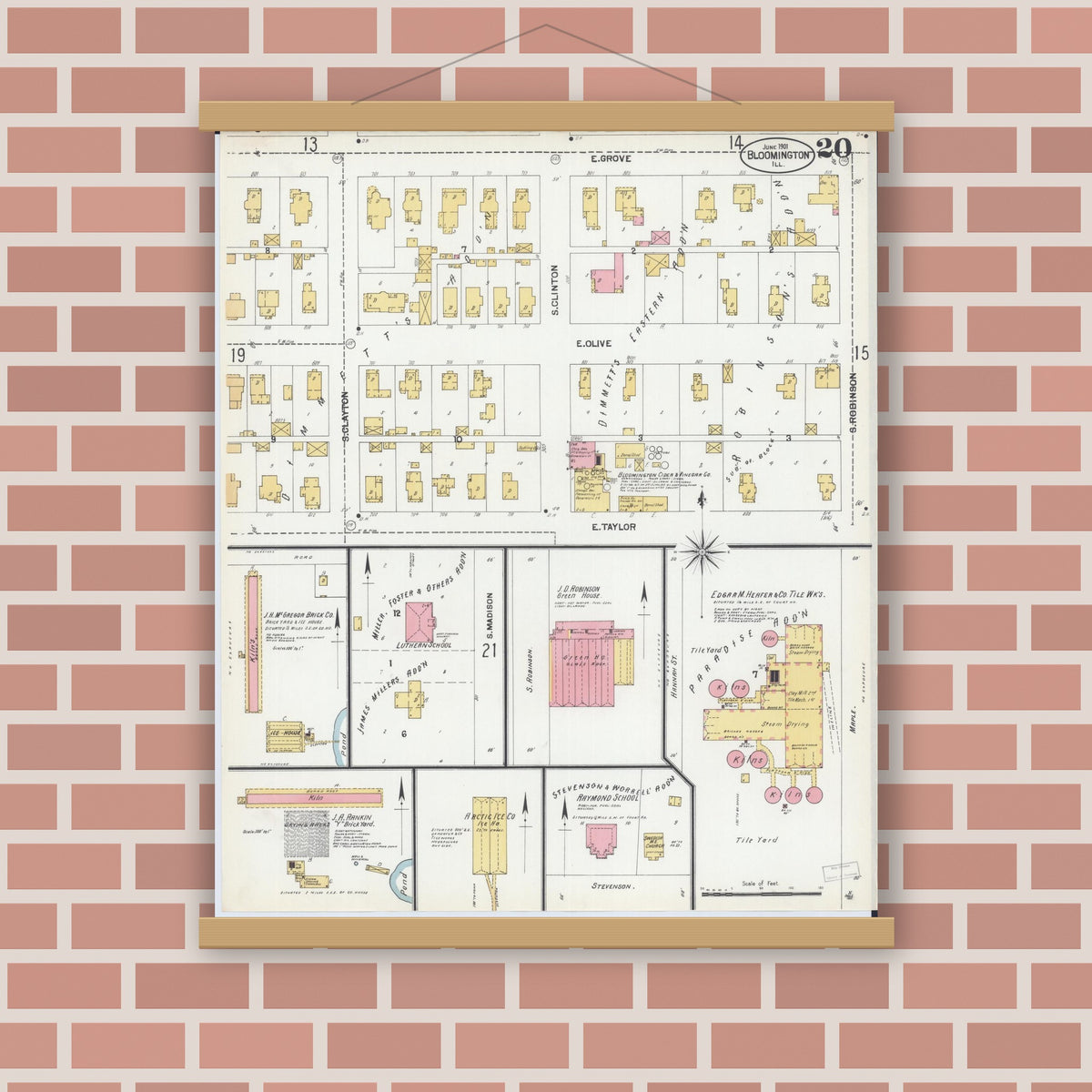 Old map wall art mockup — magnetic wood frame on brick wall — Sanborn Fire Insurance Map from Bloomington, McLean County, Illinois (1901), Sheet #0020