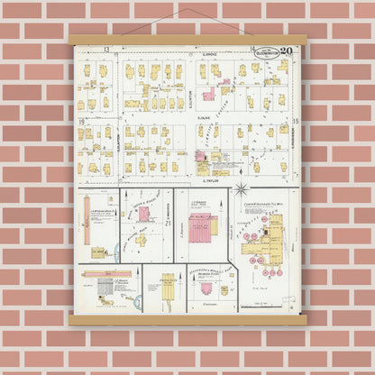 Old map wall art mockup — magnetic wood frame on brick wall — Sanborn Fire Insurance Map from Bloomington, McLean County, Illinois (1901), Sheet #0020