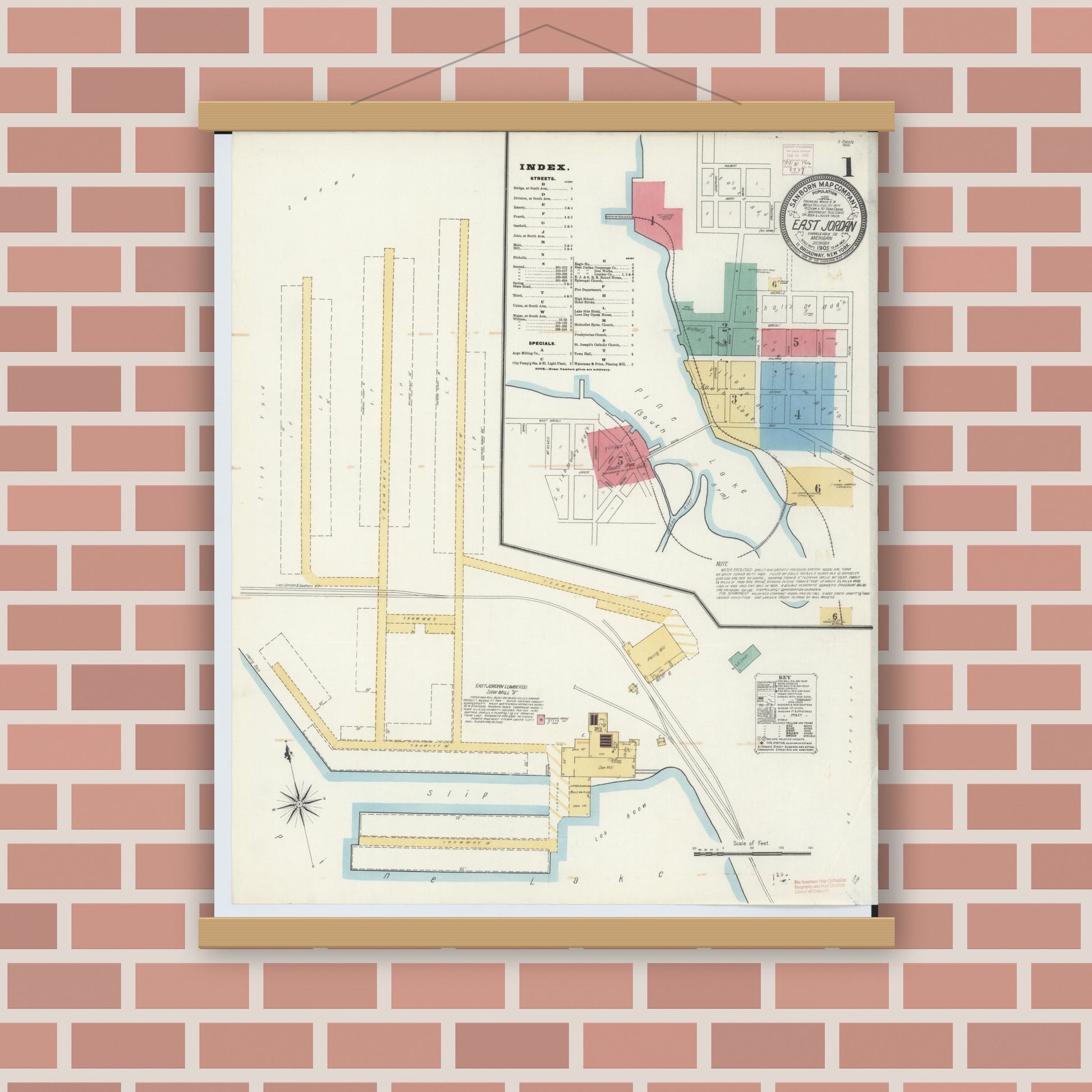 Old map wall art mockup — magnetic wood frame on brick wall — Sanborn Fire Insurance Map from East Jordan, Charlevoix County, Michigan (1905), Sheet #0001