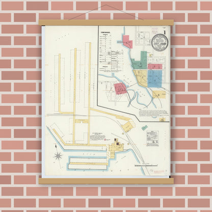Old map wall art mockup — magnetic wood frame on brick wall — Sanborn Fire Insurance Map from East Jordan, Charlevoix County, Michigan (1905), Sheet #0001