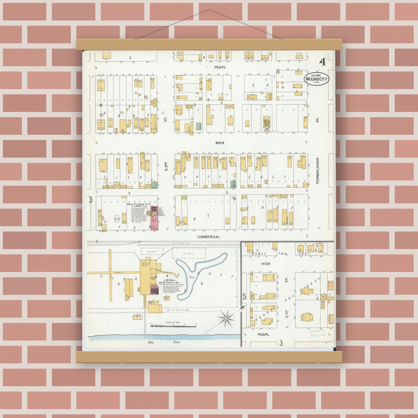 Old map wall art mockup — magnetic wood frame on brick wall — Sanborn Fire Insurance Map from Mound City, Pulaski County, Illinois (1900), Sheet #0004