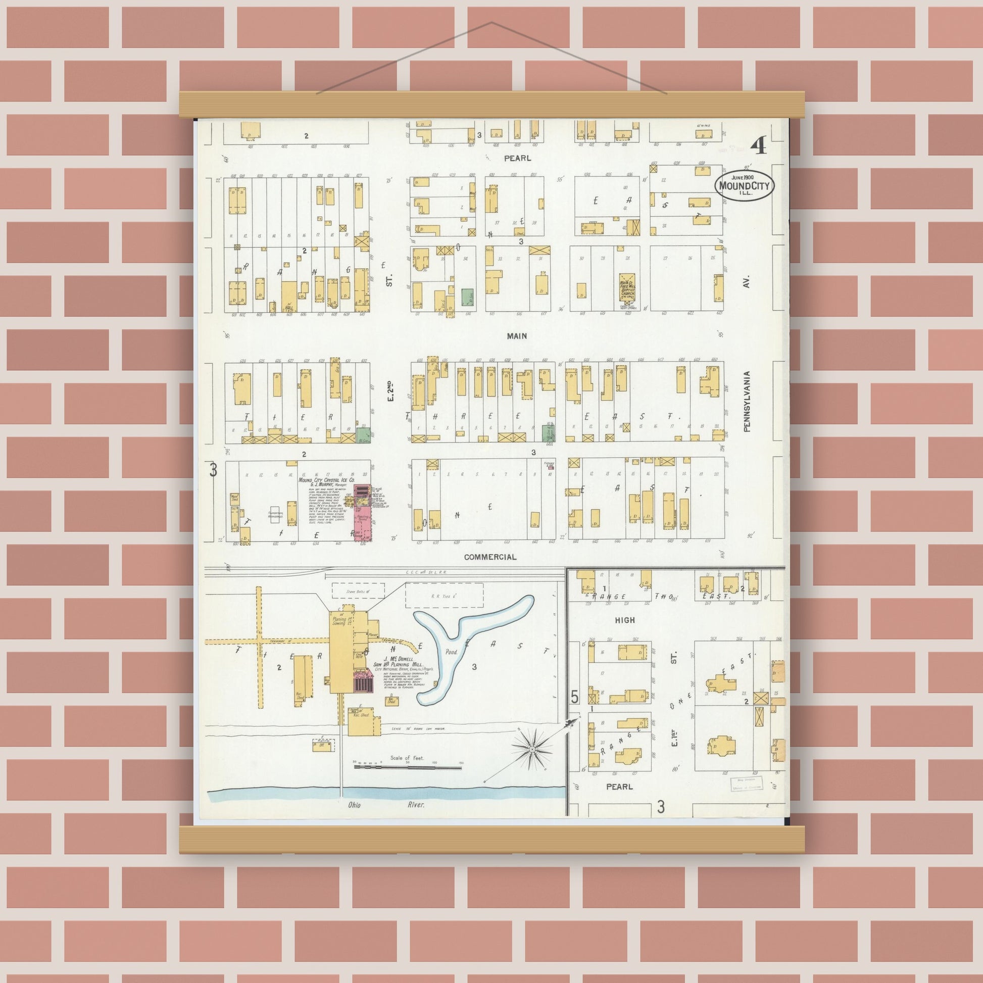 Old map wall art mockup — magnetic wood frame on brick wall — Sanborn Fire Insurance Map from Mound City, Pulaski County, Illinois (1900), Sheet #0004