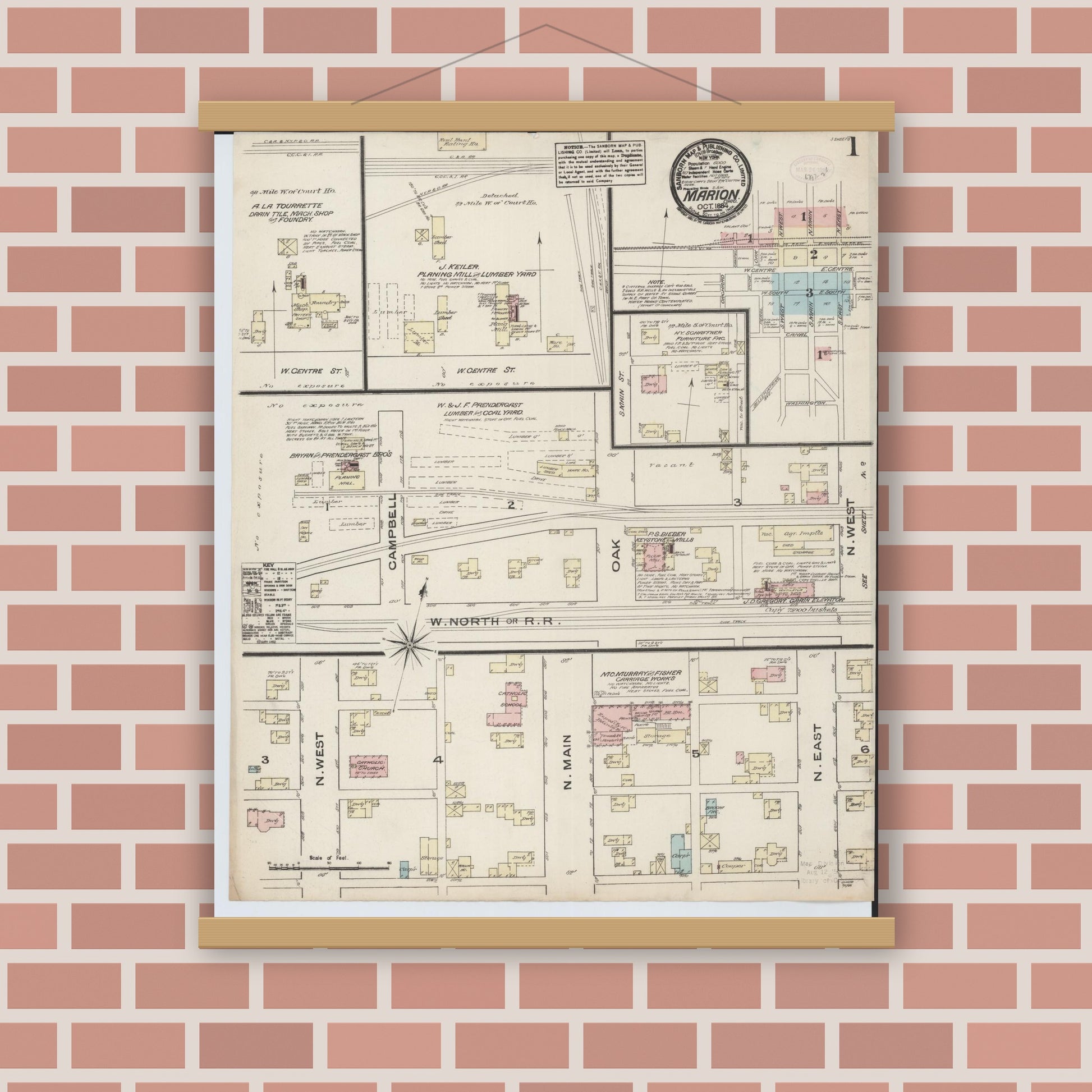 Old map wall art mockup — magnetic wood frame on brick wall — Sanborn Fire Insurance Map from Marion, Marion County, Ohio (1884), Sheet #0001