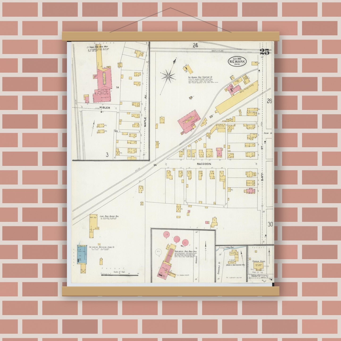 Old map wall art mockup — magnetic wood frame on brick wall — Sanborn Fire Insurance Map from Newark, Licking County, Ohio (1905), Sheet #0025