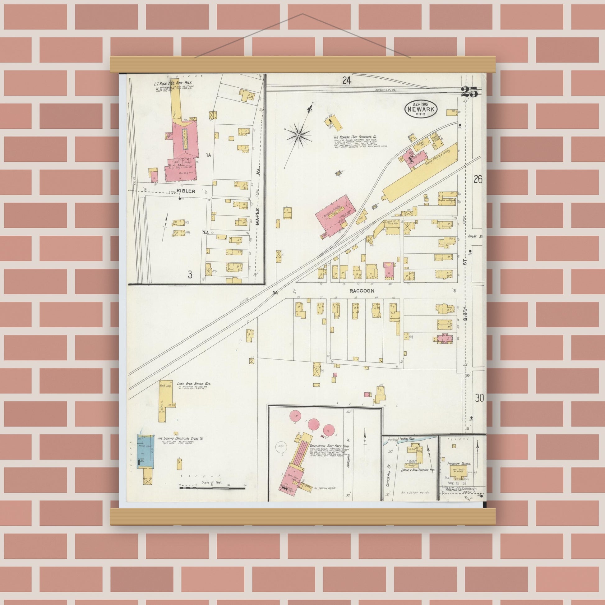 Old map wall art mockup — magnetic wood frame on brick wall — Sanborn Fire Insurance Map from Newark, Licking County, Ohio (1905), Sheet #0025