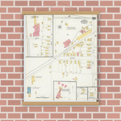 Old map wall art mockup — magnetic wood frame on brick wall — Sanborn Fire Insurance Map from Newark, Licking County, Ohio (1905), Sheet #0025