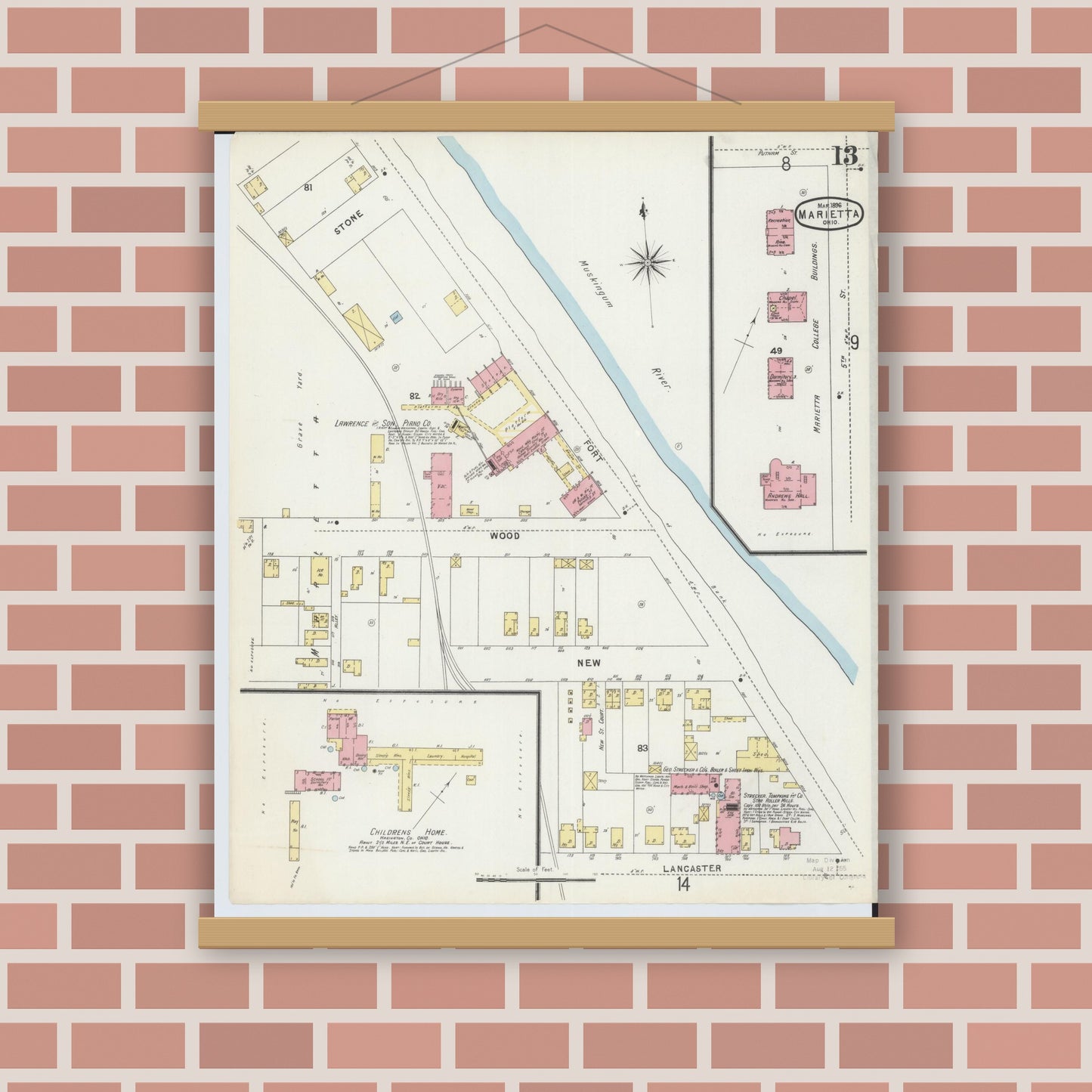 Old map wall art mockup — magnetic wood frame on brick wall — Sanborn Fire Insurance Map from Marietta, Washington County, Ohio (1896), Sheet #0013