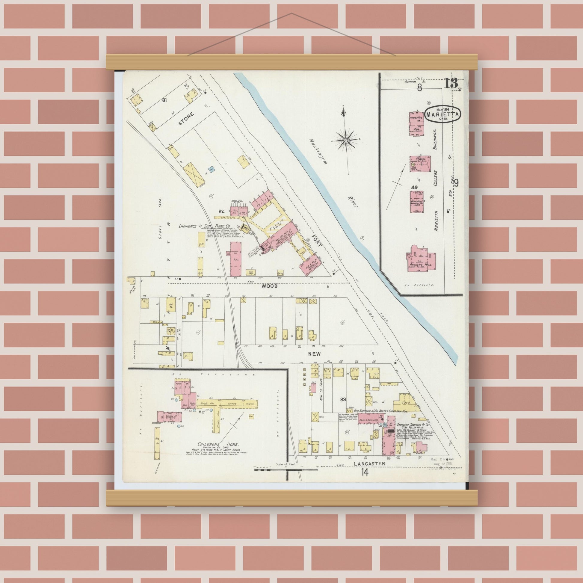 Old map wall art mockup — magnetic wood frame on brick wall — Sanborn Fire Insurance Map from Marietta, Washington County, Ohio (1896), Sheet #0013