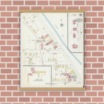 Old map wall art mockup — magnetic wood frame on brick wall — Sanborn Fire Insurance Map from Marietta, Washington County, Ohio (1896), Sheet #0013