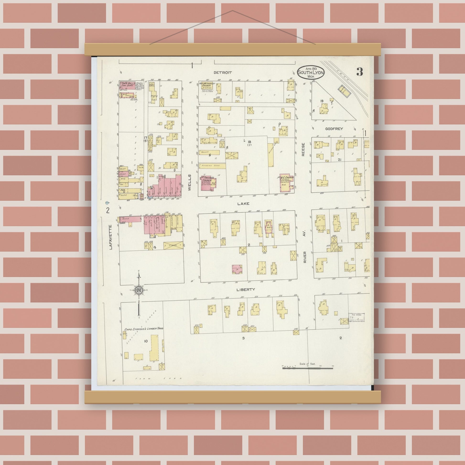 Old map wall art mockup — magnetic wood frame on brick wall — Sanborn Fire Insurance Map from South Lyon, Oakland County, Michigan (1913), Sheet #0003