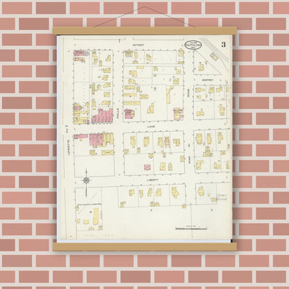 Old map wall art mockup — magnetic wood frame on brick wall — Sanborn Fire Insurance Map from South Lyon, Oakland County, Michigan (1913), Sheet #0003