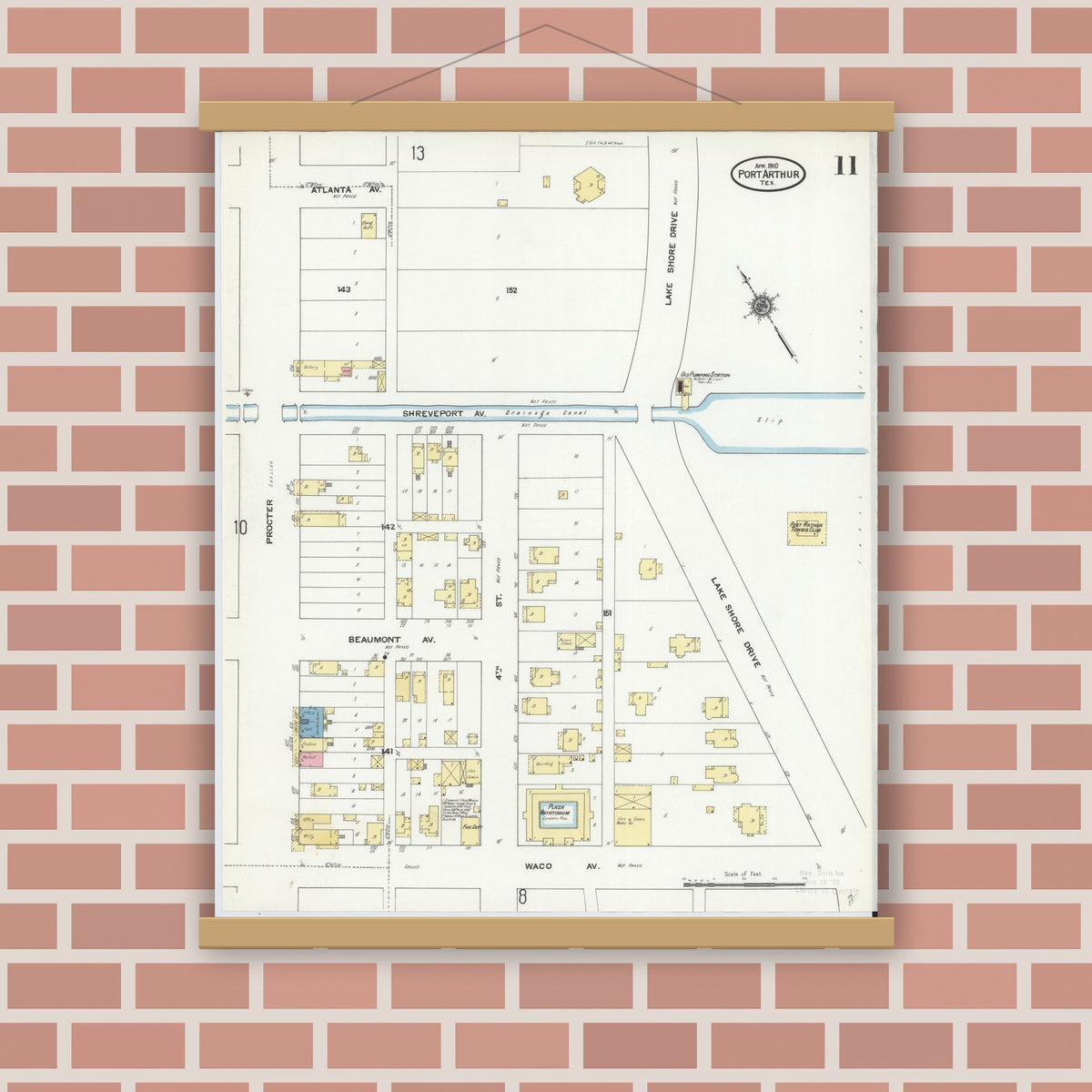 Old map wall art mockup — magnetic wood frame on brick wall — Sanborn Fire Insurance Map from Port Arthur, Jefferson County, Texas (1910), Sheet #0011