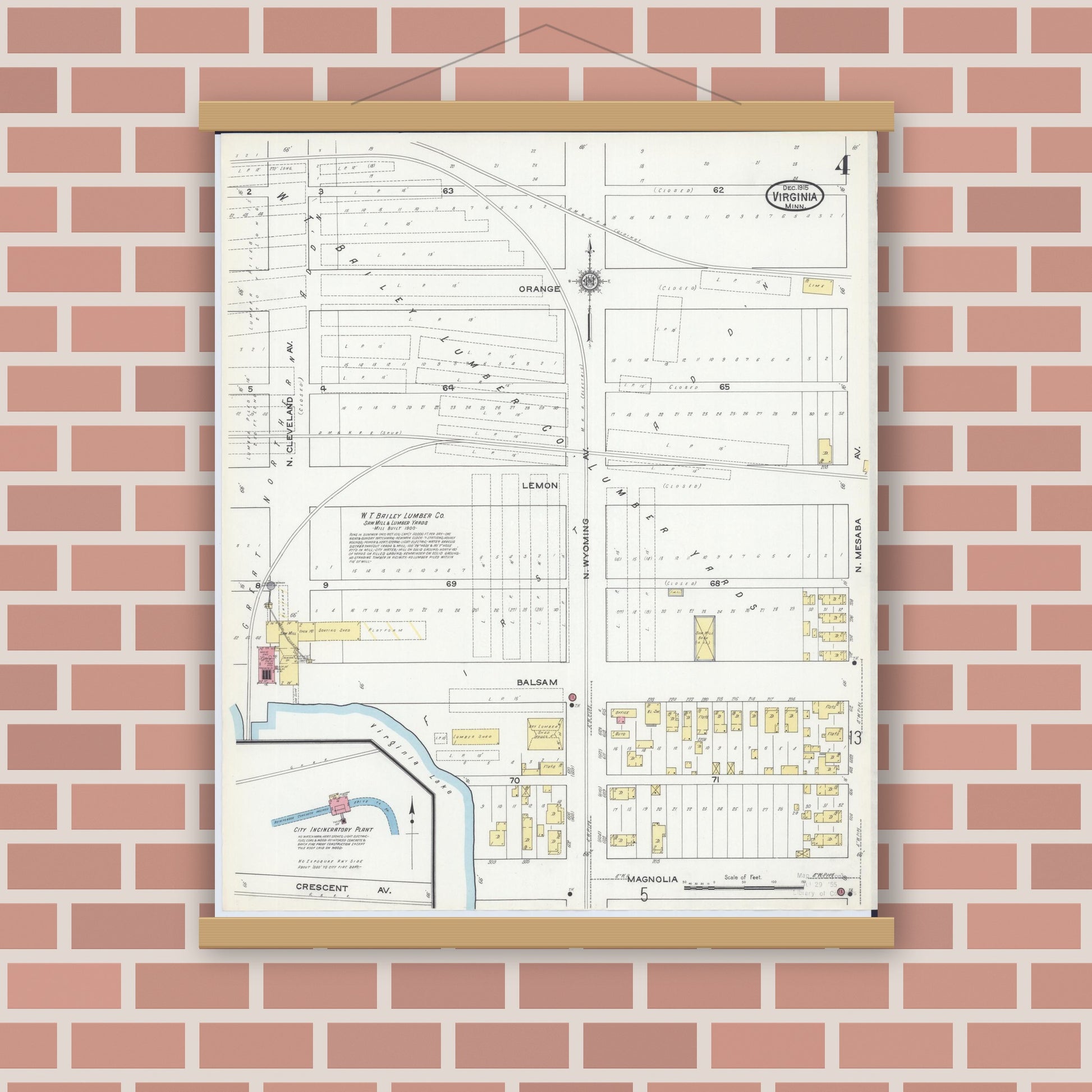 Old map wall art mockup — magnetic wood frame on brick wall — Sanborn Fire Insurance Map from Virginia, Saint Louis County, Minnesota (1915), Sheet #0004