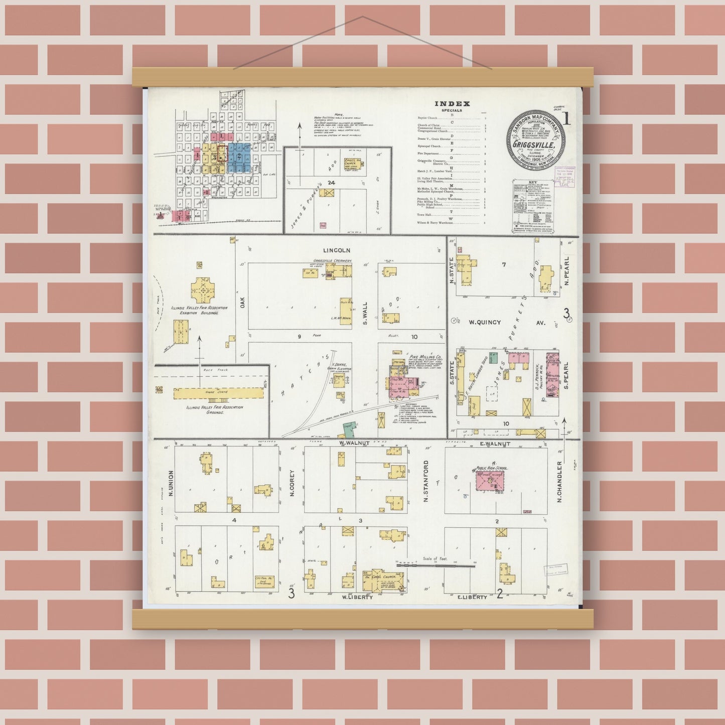 Old map wall art mockup — magnetic wood frame on brick wall — Sanborn Fire Insurance Map from Griggsville, Pike County, Illinois (1905), Sheet #0001