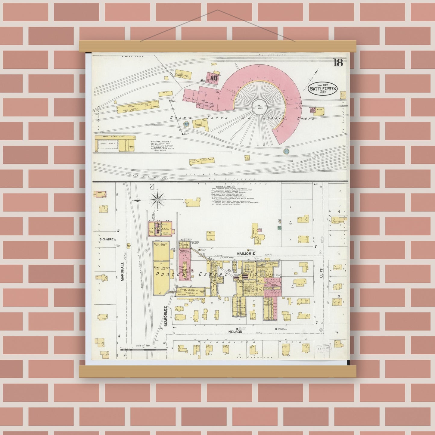 Old map wall art mockup — magnetic wood frame on brick wall — Sanborn Fire Insurance Map from Battle Creek, Calhoun County, Michigan (1902), Sheet #0018