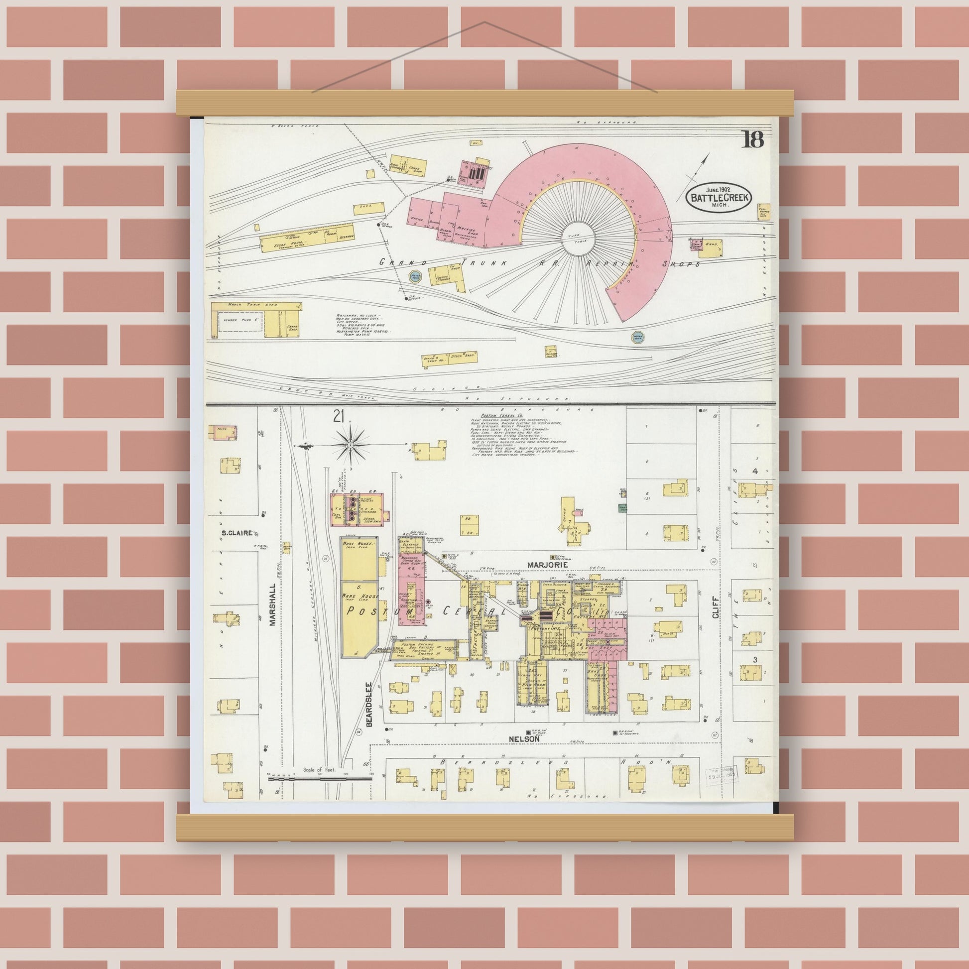 Old map wall art mockup — magnetic wood frame on brick wall — Sanborn Fire Insurance Map from Battle Creek, Calhoun County, Michigan (1902), Sheet #0018