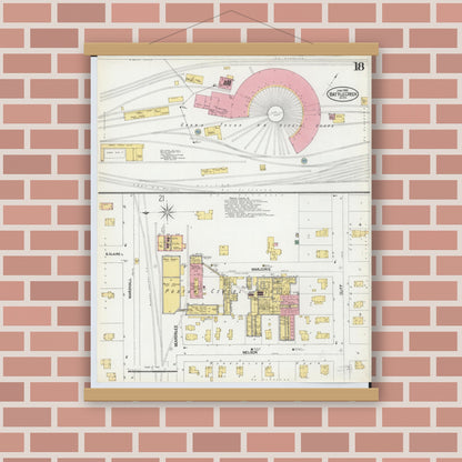 Old map wall art mockup — magnetic wood frame on brick wall — Sanborn Fire Insurance Map from Battle Creek, Calhoun County, Michigan (1902), Sheet #0018